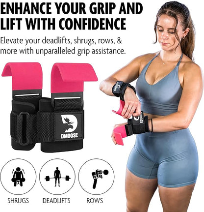 DMoose Fitness Weight Lifting Hooks (Pair) for Deadlifts, Pull Ups & Shrugs - 500 Lbs Capacity, Thick Wrist Padding - Heavy Duty Gym Workout Grips Straps for Men and Women