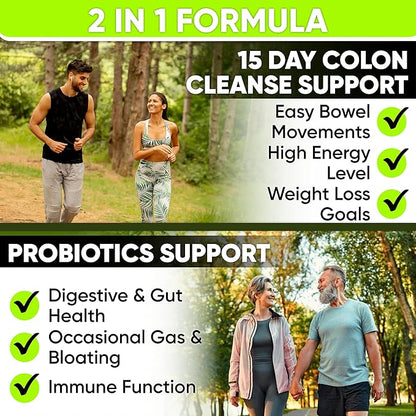15 Day Gut Cleanse Detox for Women & Men - Advanced 15 Days Colon Cleanse with Probiotics and Psyllium Husk for Constipation Relief, Digestive Health, Colon Cleanser & Gut Health.60 Caps.