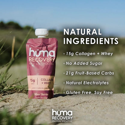 Huma Recovery Protein Smoothie, 20 Pouches – 15g Collagen + Whey Post Workout Recovery Drink – Ready-to-Drink Protein Shake with Real Fruit, Electrolytes, Healthy Fats