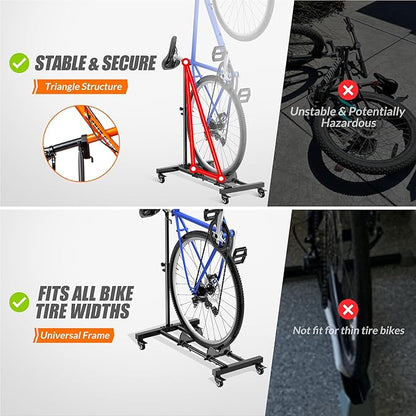 Vertical Bike Stand, Freestanding Indoor Bike Storage Rack Upright Bicycle Floor Stand Indoor Bike Holder with Adjustable Height for Garage & Apartment - for Wheels Sizes up to 29”