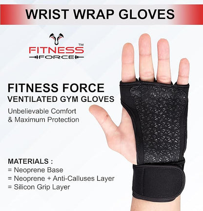 FITNESS FORCE Ventilated Gym Gloves for Men with Built-in Wrist Support for Workouts Weightlifting Gloves Workout Gloves for Women Exercise Fitness Gloves Perfect for Powerlifting, Cross Training
