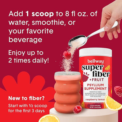 Bellway Super Fiber Powder + Fruit (5 Pack), Sugar Free Organic Psyllium Husk Powder Fiber Supplement for Regularity, Bloating Relief & Gut Health, Non-GMO, Plant-Based, Raspberry Lemon (250 Servings)