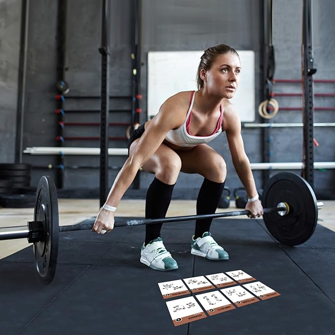 NewMe Fitness Barbell Workout Cards, Instructional Fitness Deck for Women & Men, Beginner Fitness Guide to Training Exercises at Home or Gym 3.5"x5"
