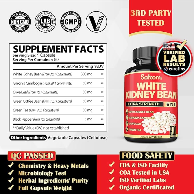 6 in 1 White Kidney Bean Extract Capsules -90 Capsules -3 Month Supply - Extra Blend with Olive Leaf, Green Coffee Bean & Green Tea - Support Carb Scale Down