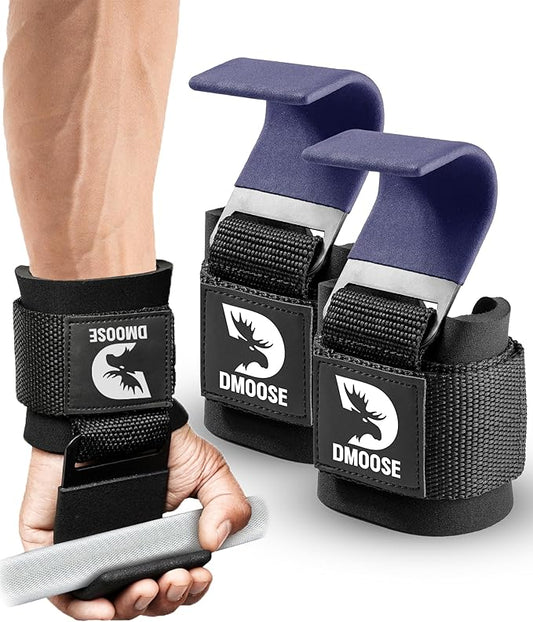 DMoose Fitness Weight Lifting Hooks (Pair) for Deadlifts, Pull Ups & Shrugs - 500 Lbs Capacity, Thick Wrist Padding - Heavy Duty Gym Workout Grips Straps for Men and Women