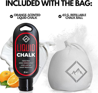 SURVIVOR Chalk Bag + Chalk Ball + Liquid Grip - Iconic Topographical Map, Draw String Closure, 2 Zippered Pockets, & Brush Holder - Bag for Rock Climbing, Bouldering, Weightlifting, Gymnastics & More