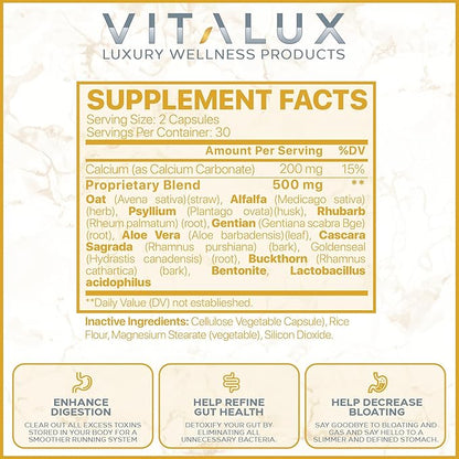 VITALUX || #1 Rated Premium Colon Cleanse & Detox || Enhance Digestion, Gut Health, Decrease Bloating | Ultra Dosed Formula w/ 10 Powerful Ingredients | 3rd Party Tested + USA Made - 60 Capsules