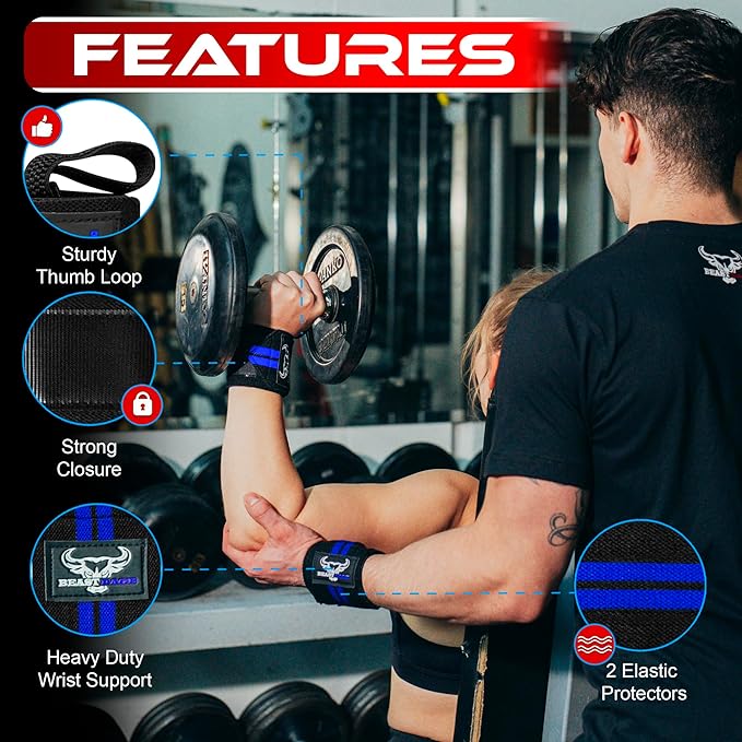 BEAST RAGE Wrist Wraps for Weightlifting - Adjustable Lifting Straps With Thumb Loop for Enhanced Gym Support, Powerlifting, Bodybuilding and Workout