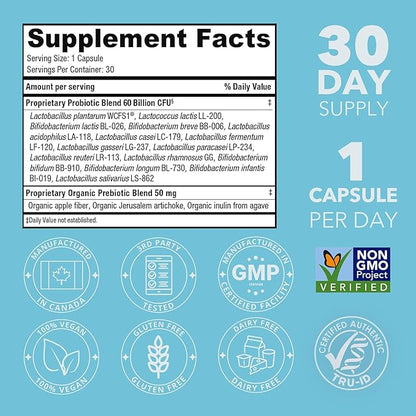 Extra Strength Probiotic for Digestive Health and Immune Support, 60 Billion CFU & 15 Strains, Gut Health Probiotics for Men and Women Supports Occasional Constipation, Diarrhea, Gas & Bloating, 60CT