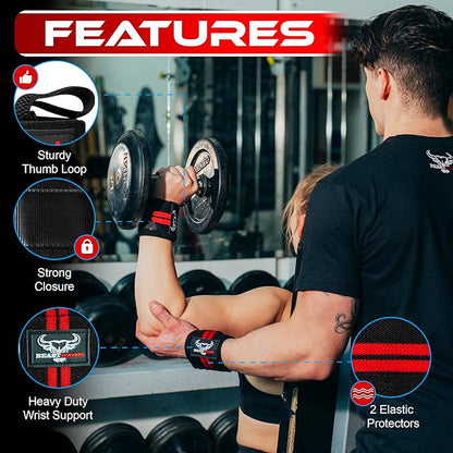 BEAST RAGE Wrist Wraps for Weightlifting - Adjustable Lifting Straps With Thumb Loop for Enhanced Gym Support, Powerlifting, Bodybuilding and Workout