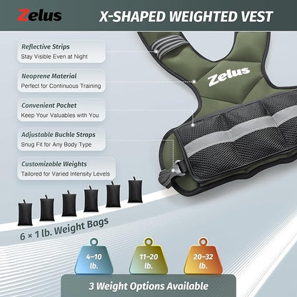ZELUS Weighted Vest for Men and Women | 4-10lb/11-20lb/20-32lb Vest with 6 Ironsand Weights for Home Workouts | Adjustable Body Weight Vest Exercise Set for Cardio and Strength Training