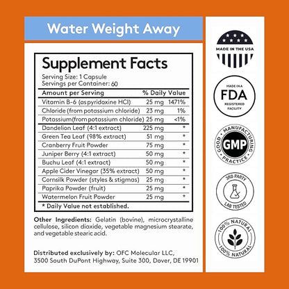 Youth & Tonic Natural Water Weight Away Pills for Belly Bloating, Water Retention & Fluid Loss – Herbal Diuretics for Swollen Legs, Feet, and Swelling – Dandelion Diuretic for Women & Men – 60 Caps