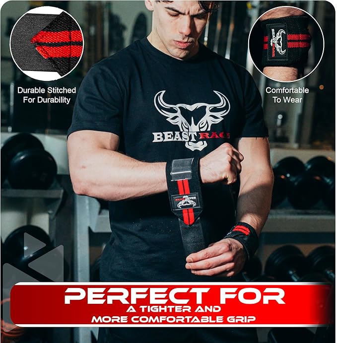 BEAST RAGE Wrist Wraps for Weightlifting - Adjustable Lifting Straps With Thumb Loop for Enhanced Gym Support, Powerlifting, Bodybuilding and Workout