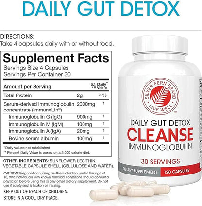 Silver Fern Cleanse - Daily Gut Detox - 1 Bottle - 120 Capsules - 30 Day Supply - Immunoglobulin G, A & M -(IgG, IGA, IgM) - Postbiotic