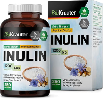 BIO KRAUTER Inulin Powder Capsules - 1200 mg Strength - 250 Count - Fiber Supplement - Chicory Root Fiber Capsules for Digestive Support - Pure Soluble Fiber Supplements - Vegan Inulin Capsules