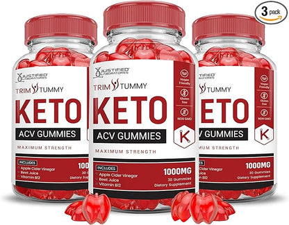 (3 Pack) Trim Tummy Keto ACV Gummies Advanced Formula 1000MG Trim Tummy Keto Gummies Apple Cider Vinegar Formulated with Pomegranate Beet Juice Powder B12 Vegan Non GMO 180 Gummys