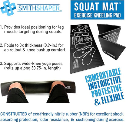 Squat Mat - 30.75" Length - Knee & Leg Muscle Targeting - Folds to 0.90" Thick - Ab Rollouts & Knee Pushups Pad - NBR Black