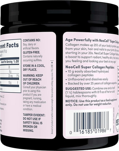 NeoCell Super Collagen Peptides, 10g Collagen Peptides per Serving, Gluten Free, Keto Friendly, Non-GMO, Grass Fed, Healthy Hair, Skin, Nails and Joints, Unflavored Powder, 7 oz., 1 Canister