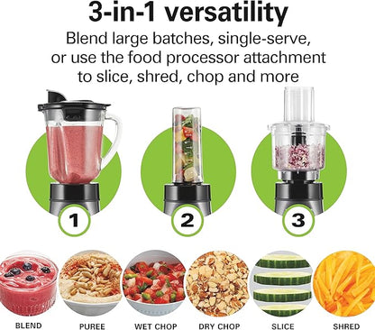Hamilton Beach Blender and Food Processor Combo – 40oz Glass Jar, Portable Travel Cup, 3-Cup Electric Food Chopper, 700W – Gray/Black (58163)