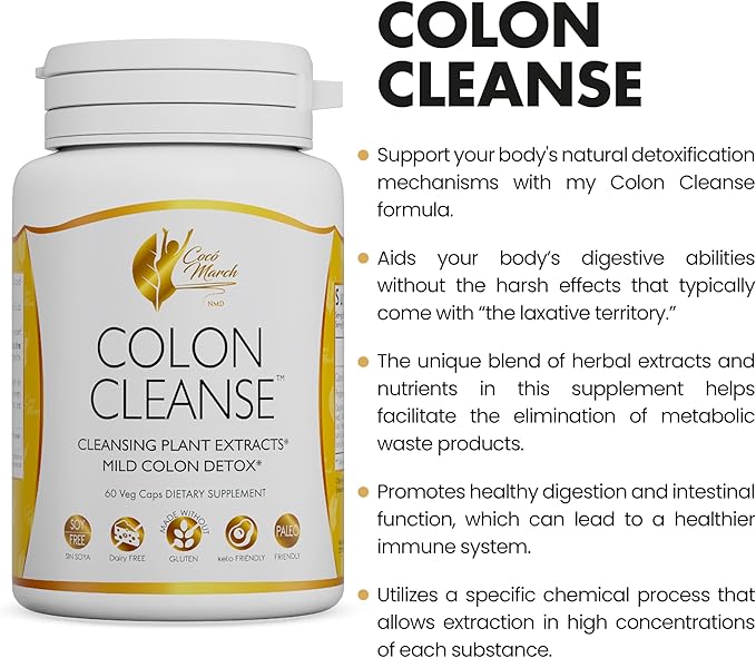 Coco March Colon Cleanse - Dietary Supplement, Cleansing Plant Extracts, Mild Colon Cleanse - Gluten Free, Dairy Free, Soy Free, Keto Friendly, Paleo Friendly, 60 Veg Caps - 15 Servings