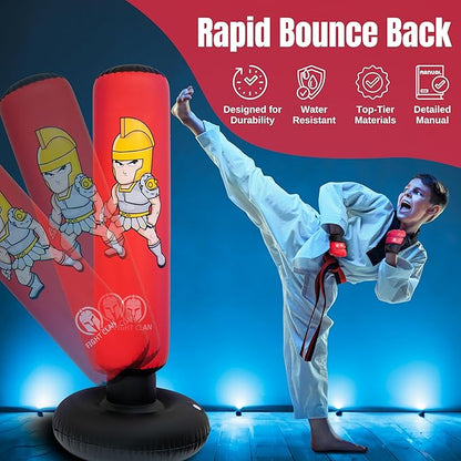 Inflatable Punching Bag for Kids 3-12 with Boxing Gloves - Tall 63 Inch Stable & Thick Punching Bag for Practicing Karate, Taekwondo and to Exert Excess Energy - Birthday Gift for Kids