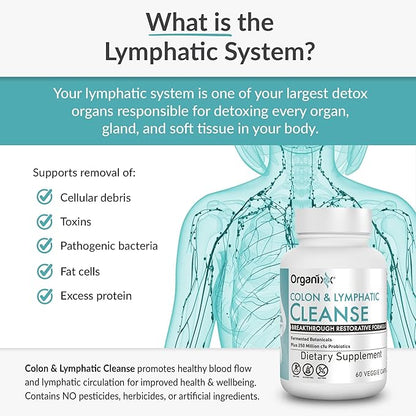 Organixx Lymphatic & Colon Cleanse Supplement with 250 Million CFU Probiotics for Gut Health for Women & Men, Digestive Support, Lymphatic System, Gluten Free, Non GMO, 60 Vegetarian Capsules
