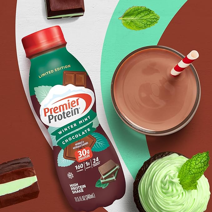 Premier Protein Shake, Limited Edition Winter Mint Chocolate, 30g Protein, 1g Supar, 24 Vitamins & Minerals, Nutrients to Support Immune Health, 11.5 oz, 12 Pack