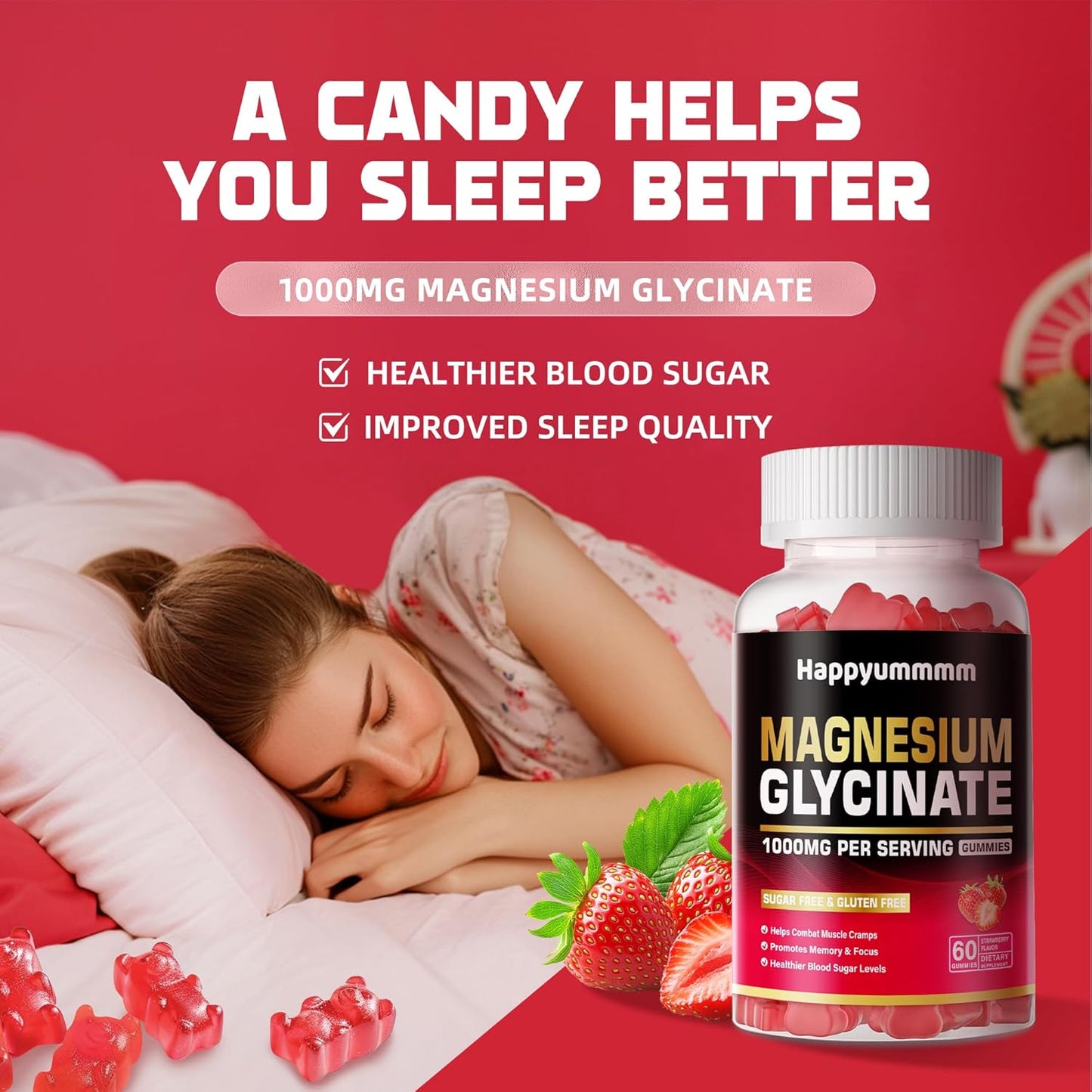 Magnesium Glycinate Gummies 1000mg - Sugar Free Magnesium Potassium Supplement with Vitamin D, B6, CoQ10 for Calm Mood & Sleep Support - 60 Strawberry Gummies.