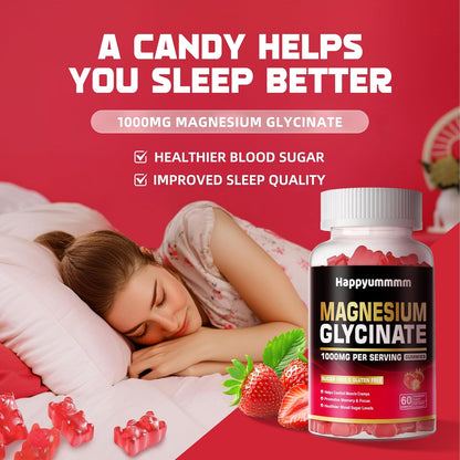 Magnesium Glycinate Gummies 1000mg - Sugar Free Magnesium Potassium Supplement with Vitamin D, B6, CoQ10 for Calm Mood & Sleep Support - 60 Strawberry Gummies.