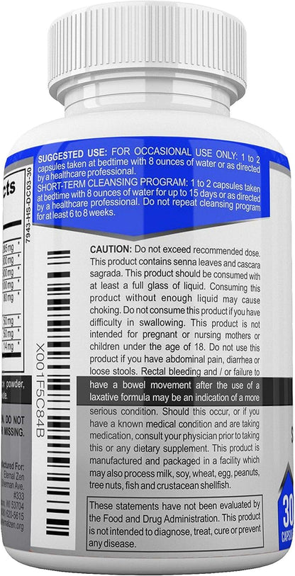 Eternal Zen 15 Day Colon Cleanser Detox with Extra Strength Herbs, Senna is a Fast Acting Natural Laxative for Constipation Relief - Whole Body Cleanse - 30 Capsules