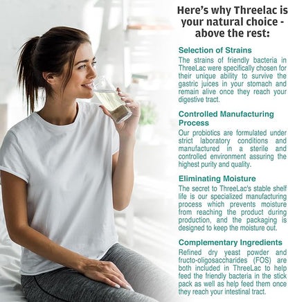 ThreeLac Lemon Probiotic Drink Mix for Digestive Health - Advanced Probiotic Powder Formula for Men, Women, and Kids - Immune Support & Gut Balance, Non-GMO - 120 Packets