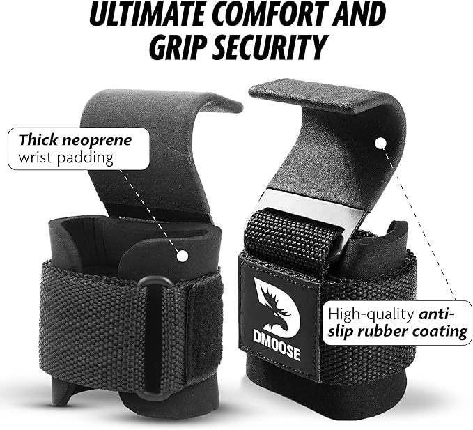 DMoose Fitness Weight Lifting Hooks (Pair) for Deadlifts, Pull Ups & Shrugs - 500 Lbs Capacity, Thick Wrist Padding - Heavy Duty Gym Workout Grips Straps for Men and Women