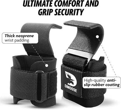 DMoose Fitness Weight Lifting Hooks (Pair) for Deadlifts, Pull Ups & Shrugs - 500 Lbs Capacity, Thick Wrist Padding - Heavy Duty Gym Workout Grips Straps for Men and Women