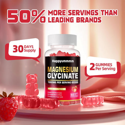 Magnesium Glycinate Gummies 1000mg - Sugar Free Magnesium Potassium Supplement with Vitamin D, B6, CoQ10 for Calm Mood & Sleep Support - 60 Strawberry Gummies.