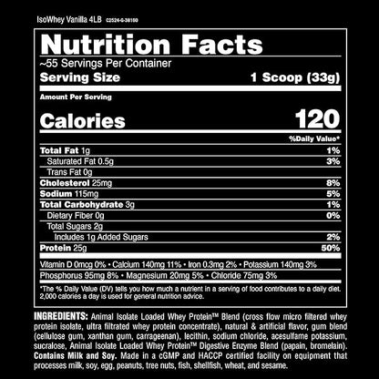 Animal Whey Isolate Protein Powder - Loaded for Pre & Post Workout Muscle Builder and Recovery with Digestive Enzymes for Men & Women - 25g Protein, Great Taste, Low Sugar - Vanilla 4 lbs