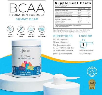 One Sol BCAA & Electrolyte Powder for Hydration & Energy, All-Natural Formula, 100% Vegan, Non-GMO, Gluten Free & Soy-Free, Promotes Muscle Growth & Recovery, Gummy Bear Flavor
