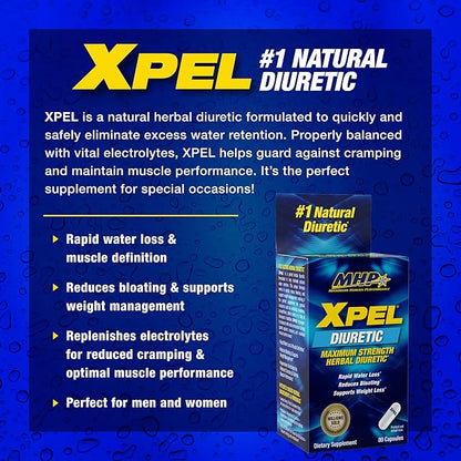 MHP Xpel Maximum Strength Diuretic Water Pills, for Water Retention Relief, Weight loss Support, with Vitamin B-6 Potassium Dandelion Root, 80 Capsules