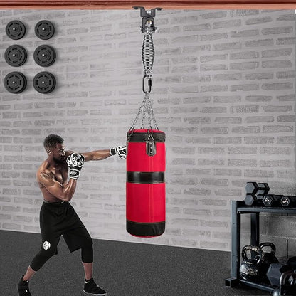 BeneLabel Heavy Duty Boxing Punching Bag Hanger with Spring, 360° Rotation Wood Beam Holder, 1 Carabiner, 1 Comfort Spring, 2 Hexagon Wood Screws and 2 Expansion Screws.