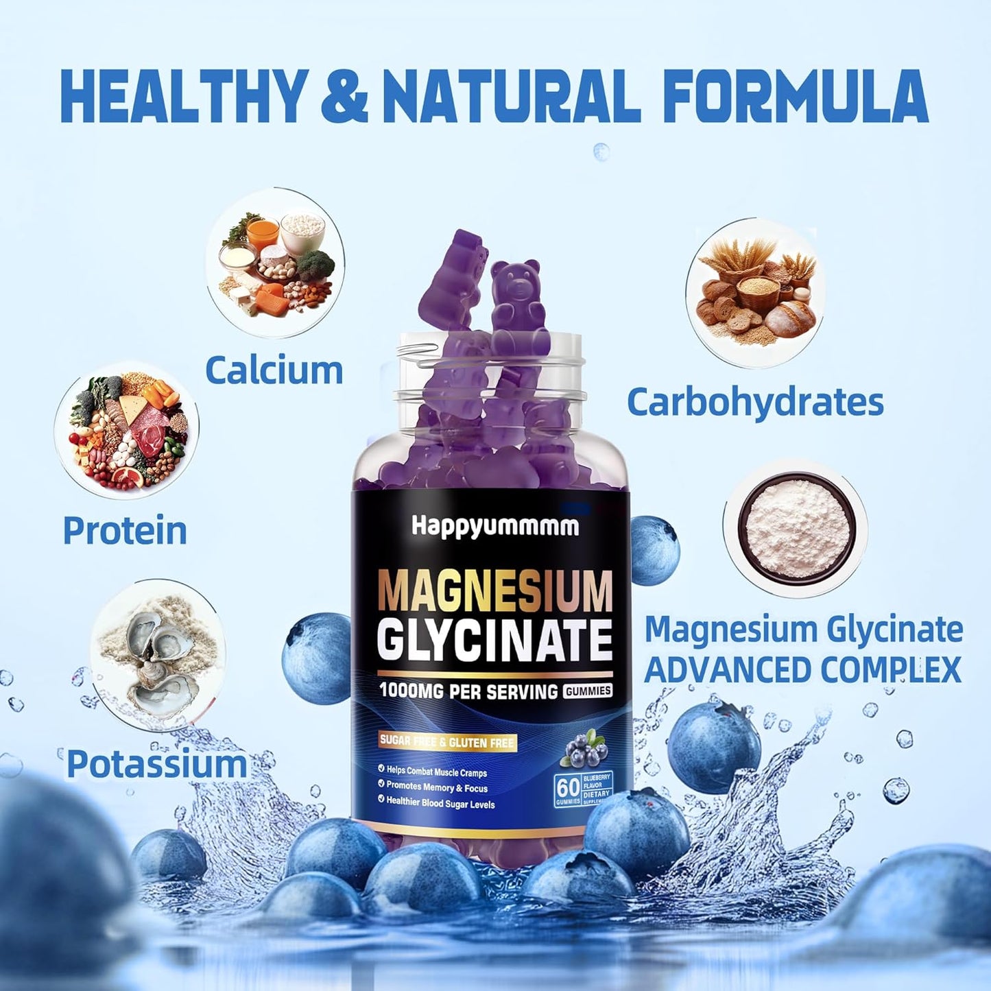 Magnesium Glycinate Gummies 1000mg - Sugar Free Magnesium Potassium Supplement with Vitamin D, B6, CoQ10 for Calm Mood & Sleep Support - 60 Blueberry Gummies