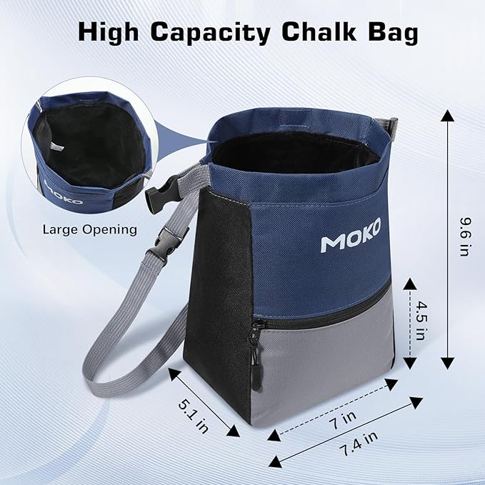 MoKo Chalk Bag for Rock Climbing, Large Capacity Climbing Chalk Bag with Magnetic Snap and Zipper Pocket, Portable Chalk Bucket for Rock Climbing, Weight Lifting, Bouldering, Gymnastics, Fitness