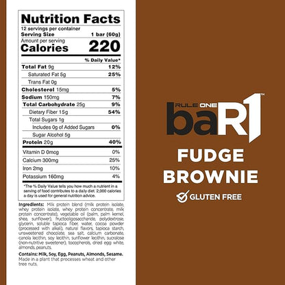 Rule 1 baR1 Crunch Bar - On-The-Go Convenient Protein Snack Bars with 20g Premium Protein, Naturally-Packed with EAAs/BCAAs, Hunger-Filling Fiber (12 Count Box, Fudge Brownie)
