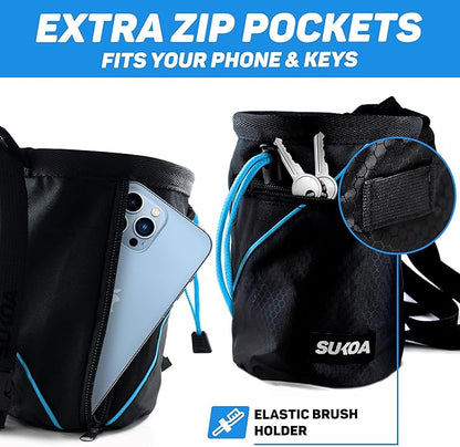 Chalk Bag for Rock Climbing - Rock Climbing Gifts Gear Accessories - Quick-Clip Belt, Large Zippered Pockets & Brush Holder - Weight Lifting, Gym, Bouldering, Disc Golf, Wall, Rock Climbing Chalk Bag