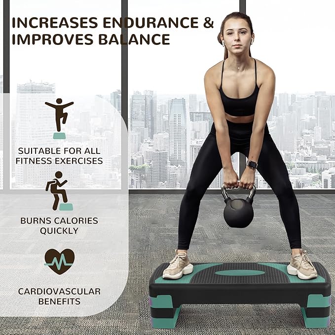 Step Aerobic Platform, Exercise Step with 5 levels Adjustable Height, 4 Stackable Risers, Fitness Training Workout Stepper for Home Gym, Cardio Strength, Multiple Options