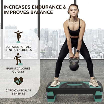 Step Aerobic Platform, Exercise Step with 5 levels Adjustable Height, 4 Stackable Risers, Fitness Training Workout Stepper for Home Gym, Cardio Strength, Multiple Options