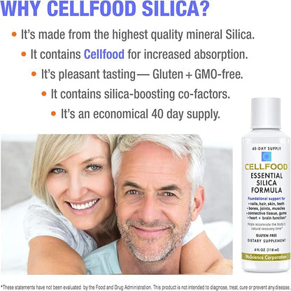 Cellfood Essential Silica Anti-Aging Formula, 4 fl oz - Supports Healthy Bones, Joints, Hair, Skin, Nails, Teeth & Gums - Easy to Absorb Liquid - Gluten Free, Thiaminase Free, Non-GMO - 40-Day Supply