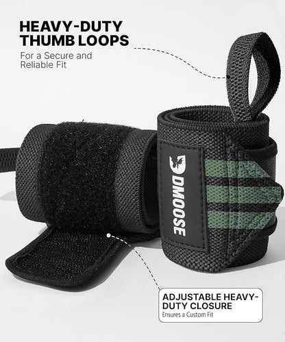 DMoose Fitness Wrist Wraps for Weightlifting - IPL Approved Premium Lifting Straps with Thumb Loops for Powerlifting, Bodybuilding & Weight Lifting, Compression Gym Wrist Support for Working Out