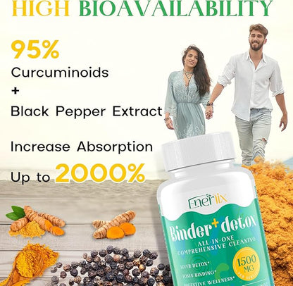 15-in-1 Detox Binder, Activated Charcoal, Zeolite & Bentonite Clay, Chlorella, 1500 MG Supplement Maximum Absorbent, Liver Gut Digestive Toxin Detox Cleanse, 180 Vegan Capsules