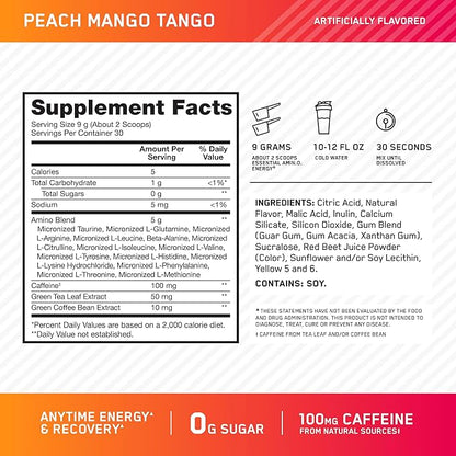 Optimum Nutrition New Flavor Amino Energy - Pre Workout with Green Tea, BCAA, Amino Acids, Keto Friendly, Green Coffee Extract, Energy Powder - Peach Mango Tango, 30 Servings (Packaging May Vary)