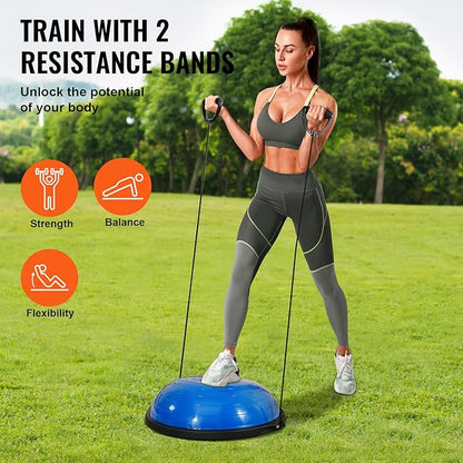 VEVOR Half Exercise Ball Trainer, 23/26 inch Balance Ball Trainer, 1500lbs Capacity Stability Ball, Yoga Ball with Resistance Bands & Foot Pump, Strength Fitness Ball for Home Gym Full Body Workout Black