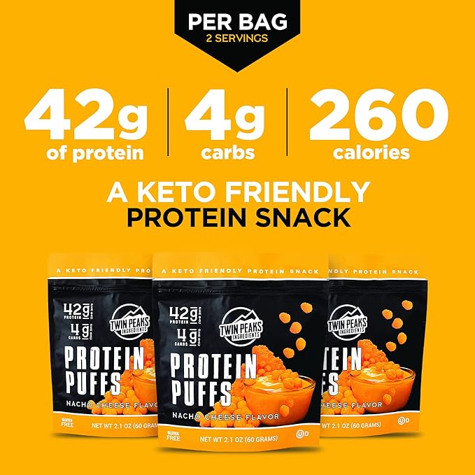 Twin Peaks Low Carb, Keto Friendly Protein Puffs, (Nacho Cheese), 2 Servings, 3 Pack (60g, 42g Protein, 4g Carbs)